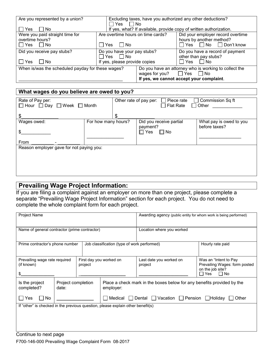 Form F700-146-000 Prevailing Wage Worker Complaint - Washington, Page 5
