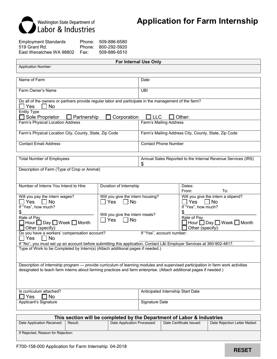 Form F700-158-000 Application for Farm Internship - Washington, Page 1