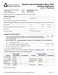 Form F700-166-000 Student Learner Exemption Minor Work Variance Application for 16 &quot; 17 Years Old - Washington
