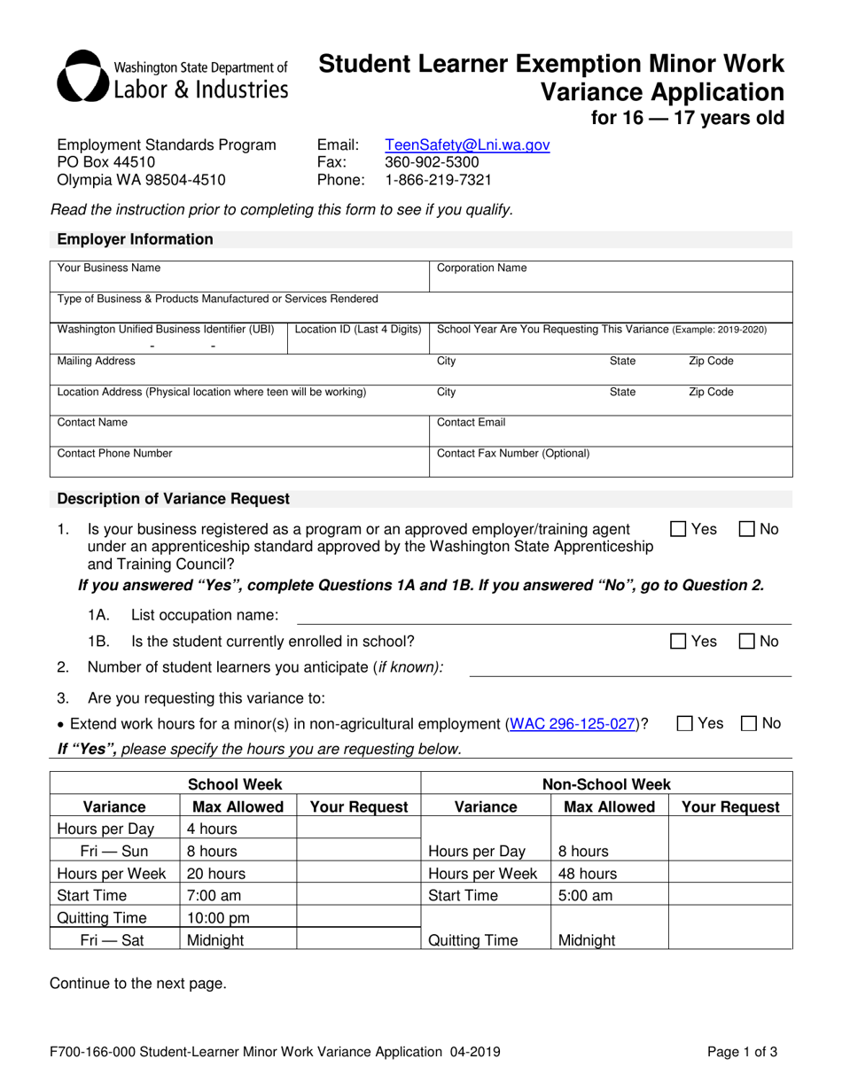 Form F700-166-000 Student Learner Exemption Minor Work Variance Application for 16  17 Years Old - Washington, Page 1
