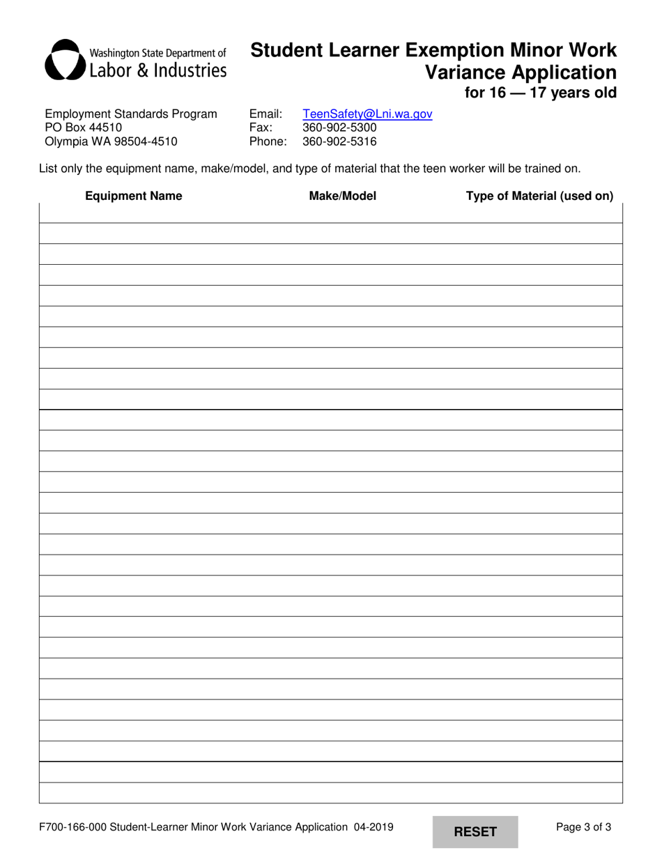 Form F700-166-000 Student Learner Exemption Minor Work Variance Application for 16  17 Years Old - Washington, Page 3