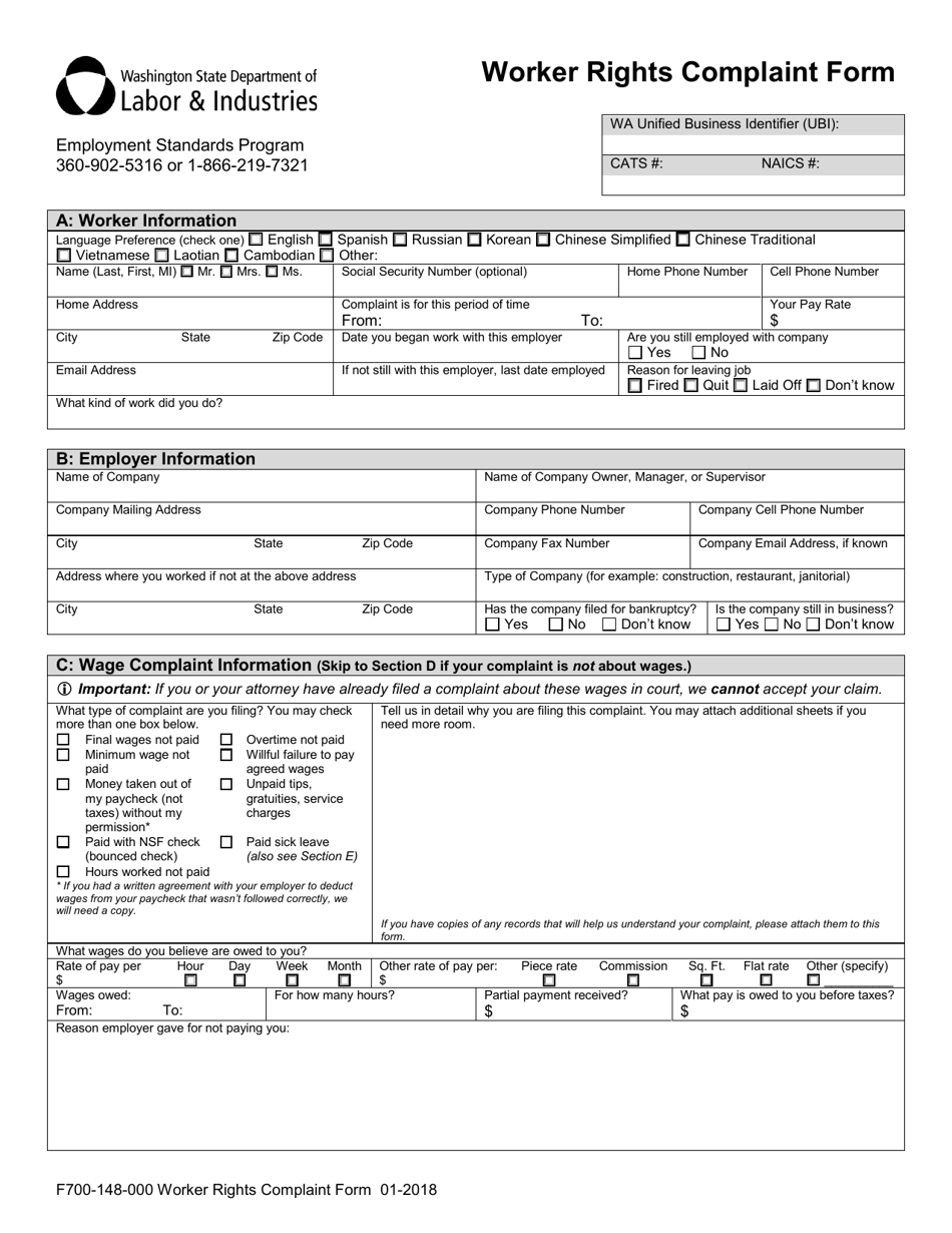 Form F700-148-000 Worker Rights Complaint Form - Washington, Page 3