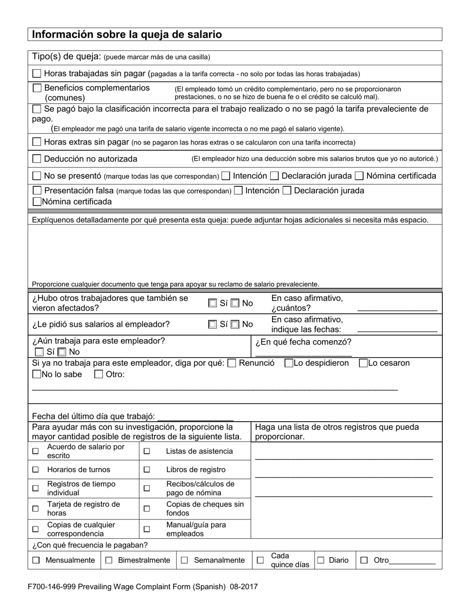 Formulario F700-146-999 Queja De Salario Prevaleciente Del Trabajador - Washington (Spanish), Page 4