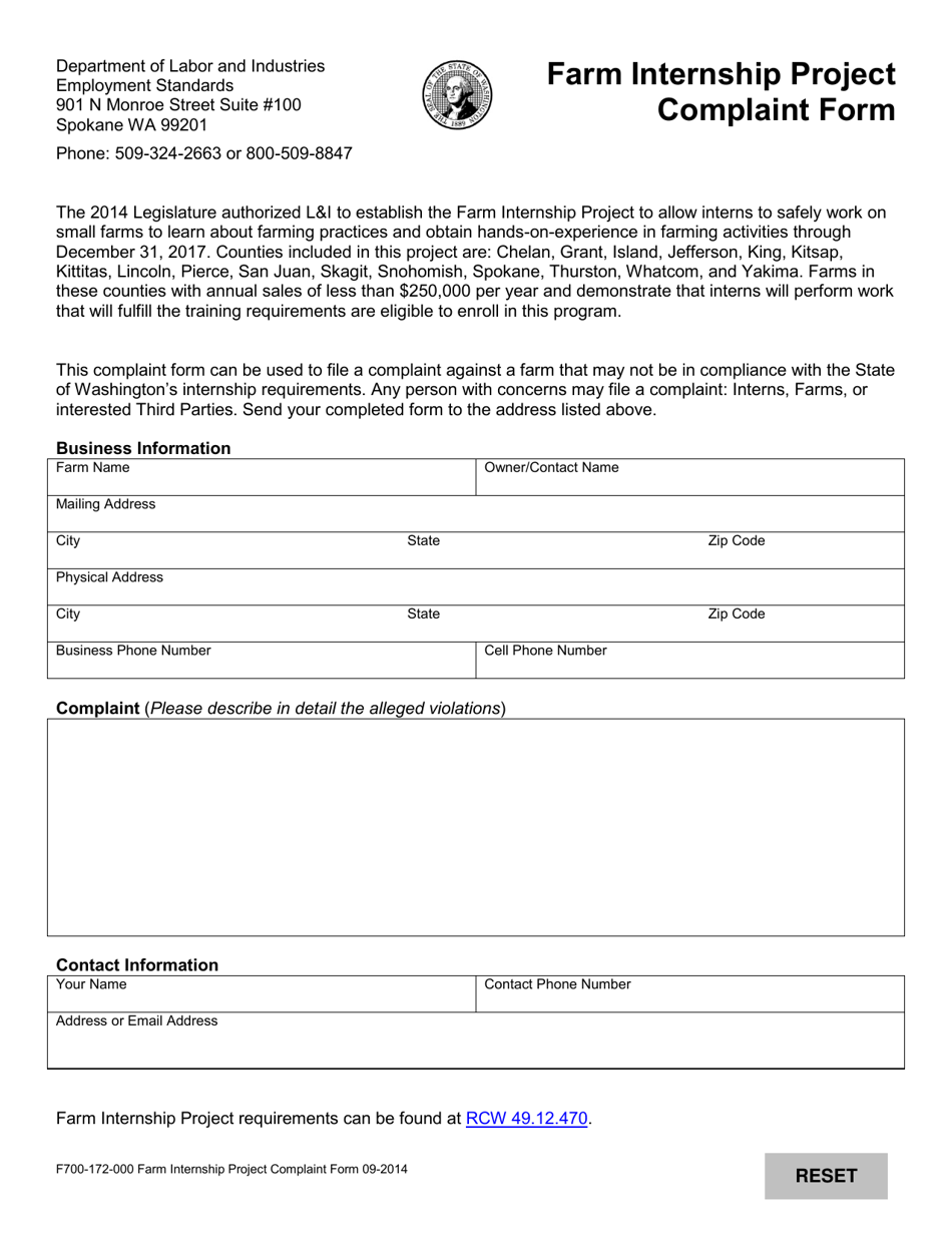 Form F700-172-000 Farm Internship Project Complaint Form - Washington, Page 1