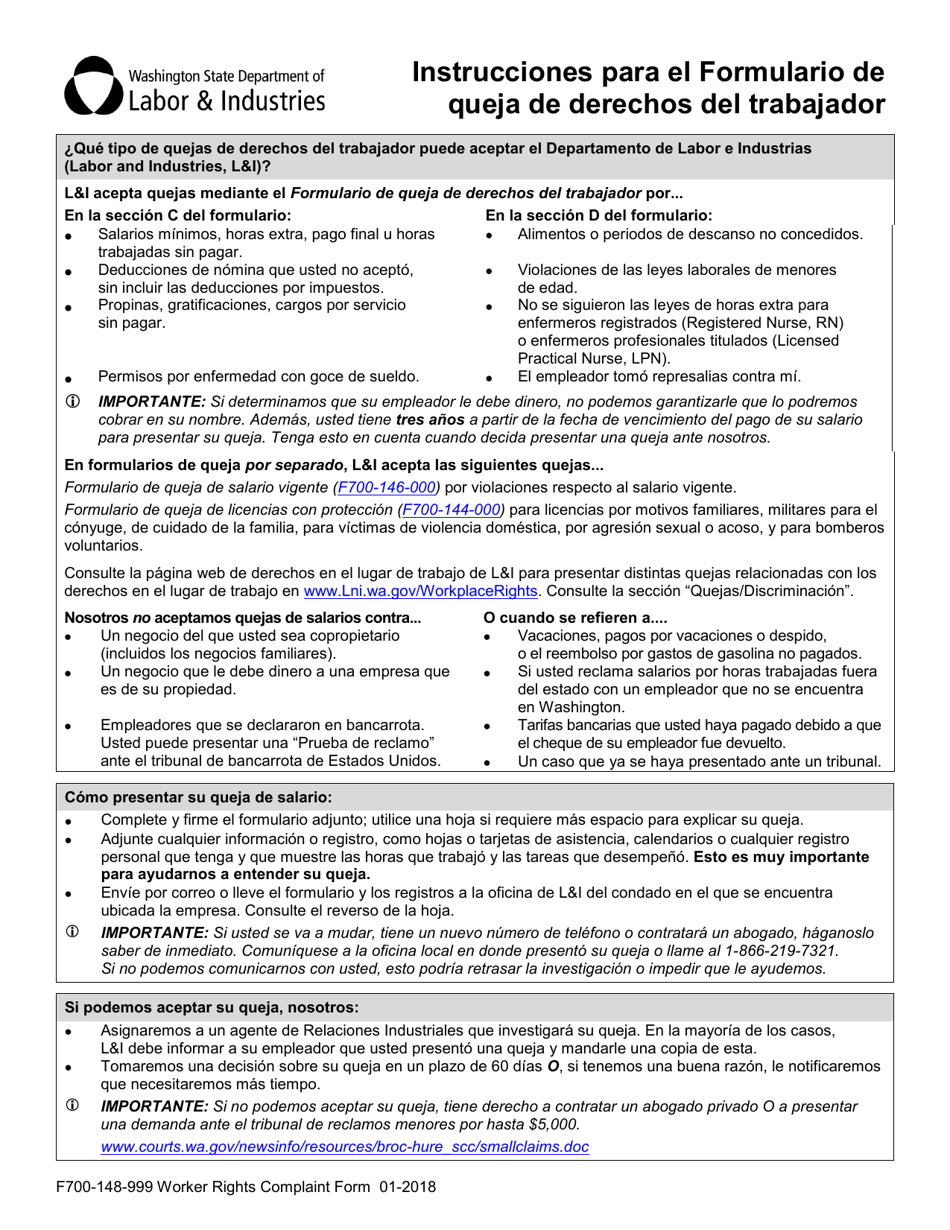 Formulario F700-148-999 Formulario De Queja De Derechos Del Trabajador - Washington (Spanish), Page 1