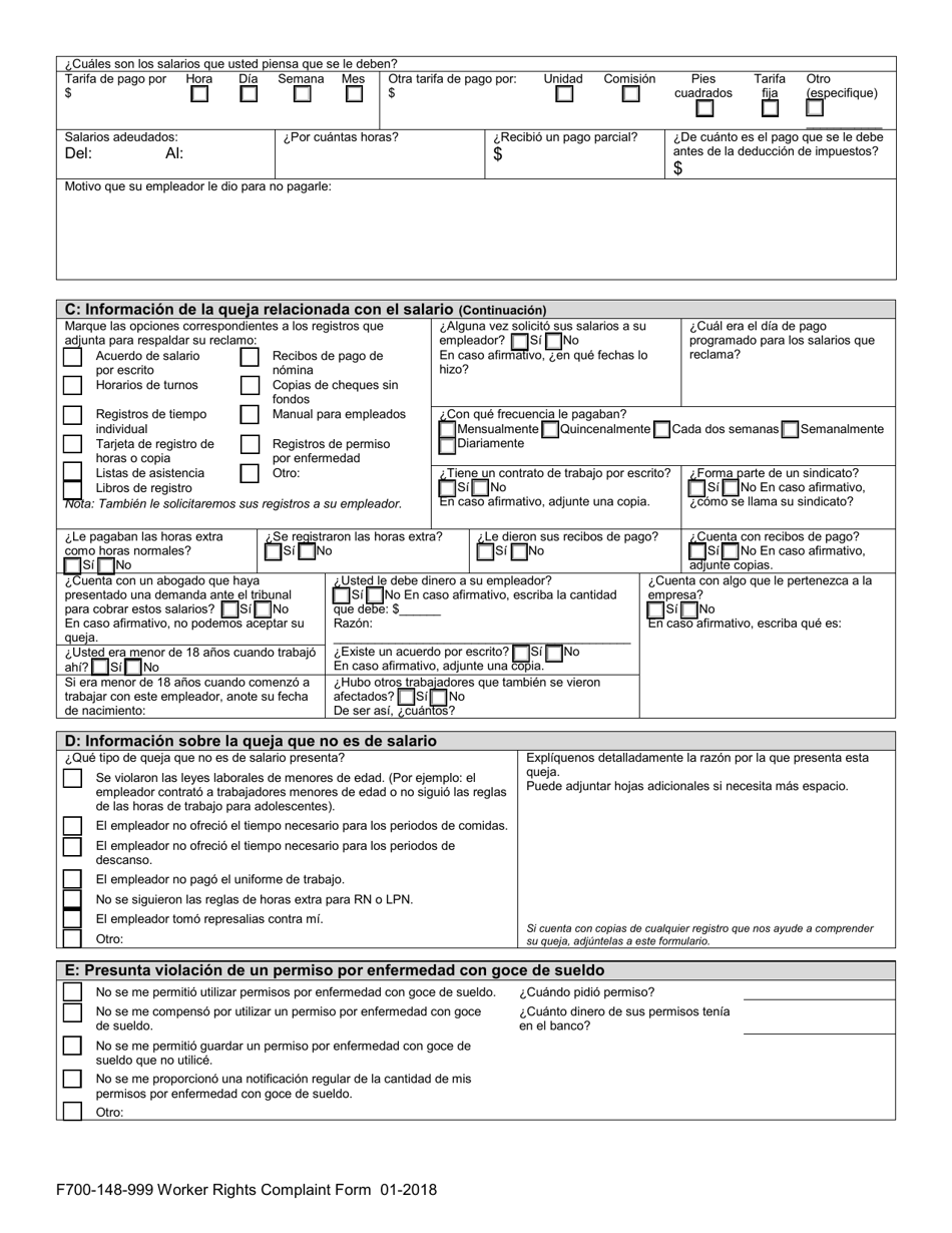 Formulario F700-148-999 Formulario De Queja De Derechos Del Trabajador - Washington (Spanish), Page 4