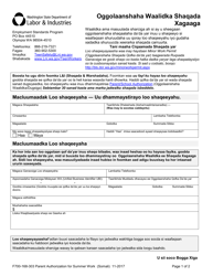 Document preview: Form F700-168-303 Parent Authorization for Summer Work - Washington (Somali)