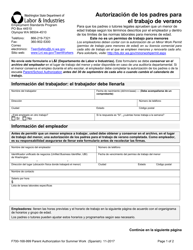 Document preview: Formulario F700-168-999 Autorizacion De Los Padres Para El Trabajo De Verano - Washington (Spanish)