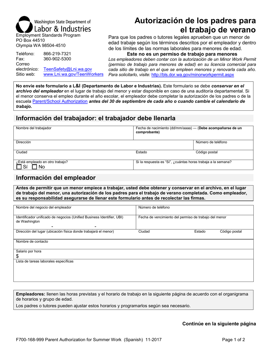 Formulario F700-168-999 Autorizacion De Los Padres Para El Trabajo De Verano - Washington (Spanish), Page 1