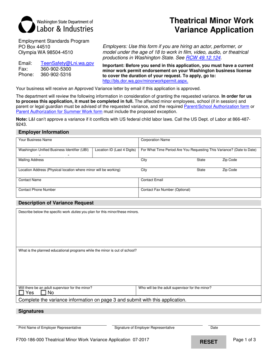 Form F700-186-000 Theatrical Minor Work Variance Application - Washington, Page 1
