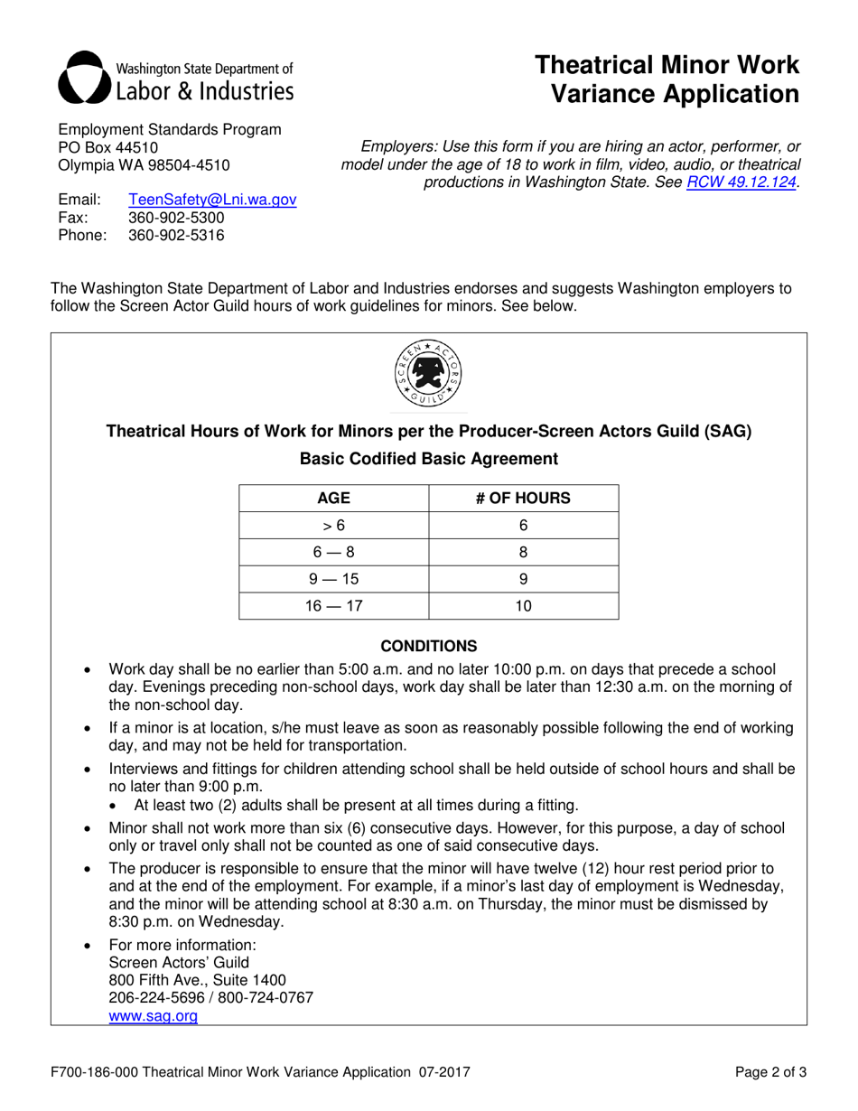 Form F700-186-000 Theatrical Minor Work Variance Application - Washington, Page 2