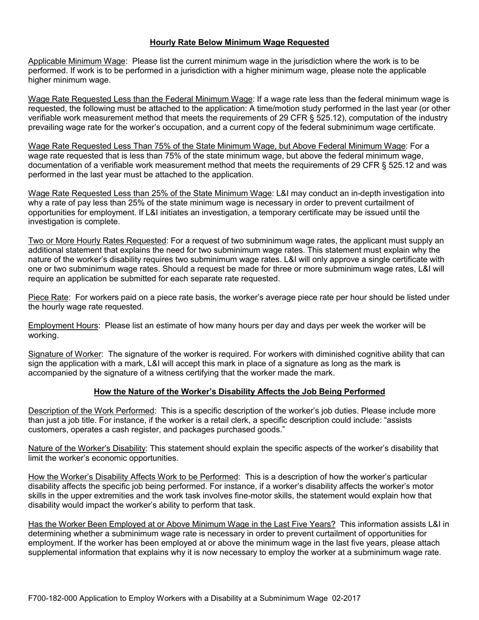 Form F700-182-000 Application to Employ Workers With a Disability at a Subminimum Wage - Washington, Page 2