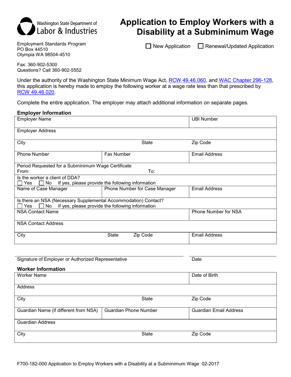 Form F700-182-000 Application to Employ Workers With a Disability at a Subminimum Wage - Washington, Page 3