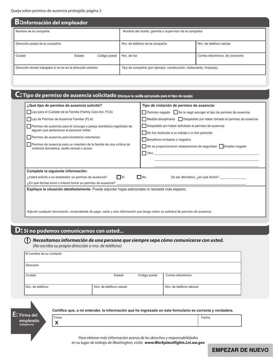 Formulario F700-144-999 Queja Sobre Permiso De Ausencia Protegida - Washington (Spanish), Page 2