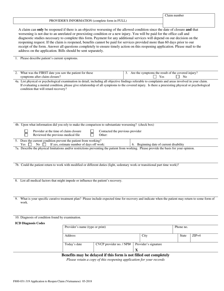 Form F800-031-319 Application to Reopen to Crime Victims Claim Due to Worsening of Condition - Washington (English / Vietnamese), Page 2