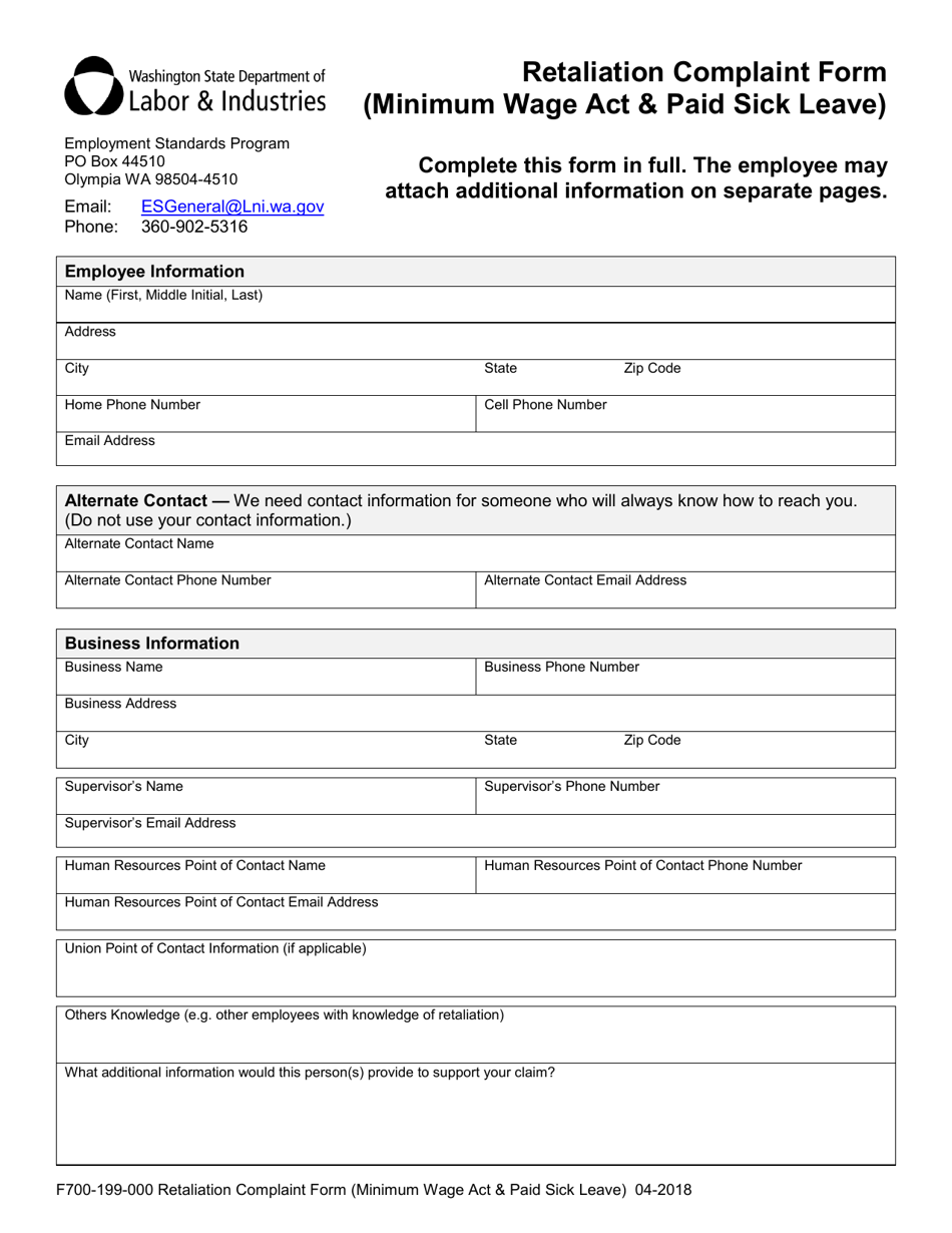 Form F700-199-000 Retaliation Complaint Form (Minimum Wage Act  Paid Sick Leave) - Washington, Page 3
