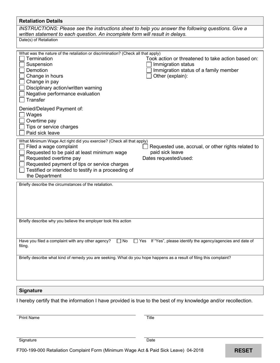 Form F700-199-000 Retaliation Complaint Form (Minimum Wage Act  Paid Sick Leave) - Washington, Page 4