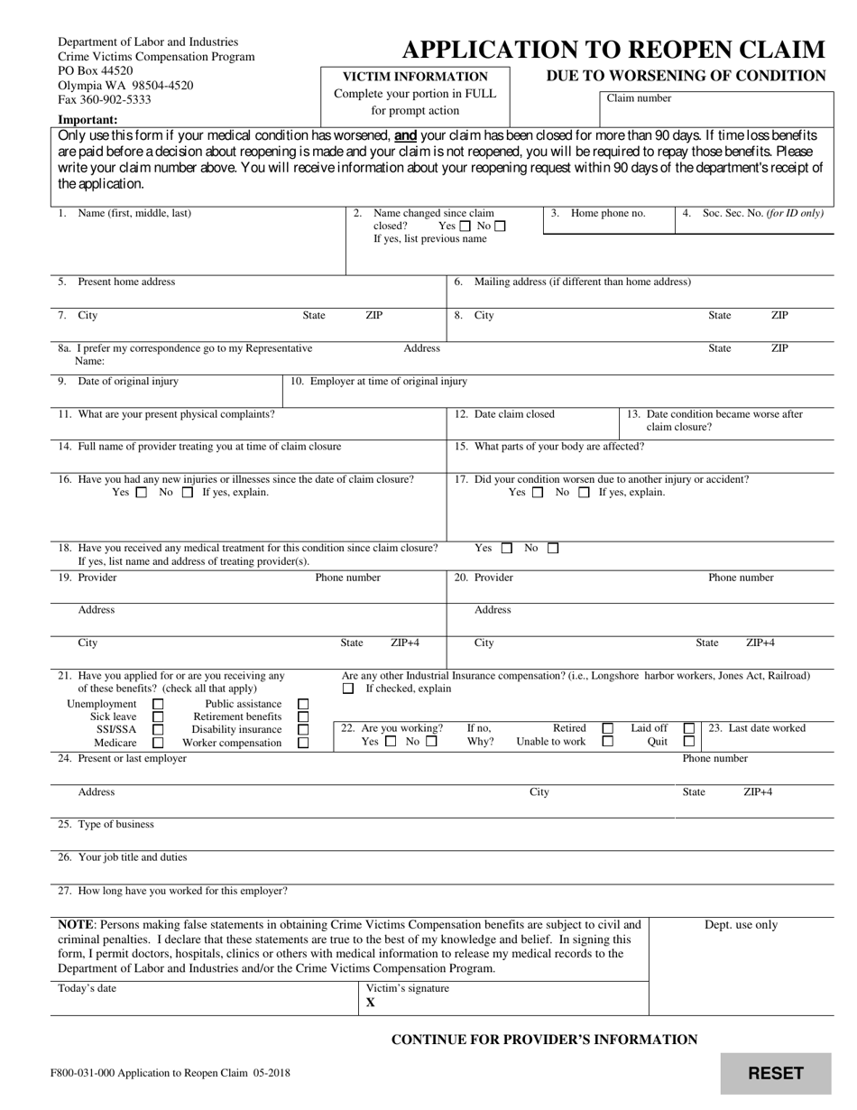 Form F800-031-000 Application to Reopen to Crime Victims Claim Due to Worsening of Condition - Washington, Page 1