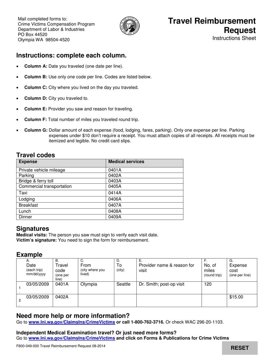 Form F800-049-000 Travel Reimbursement Request - Washington, Page 1