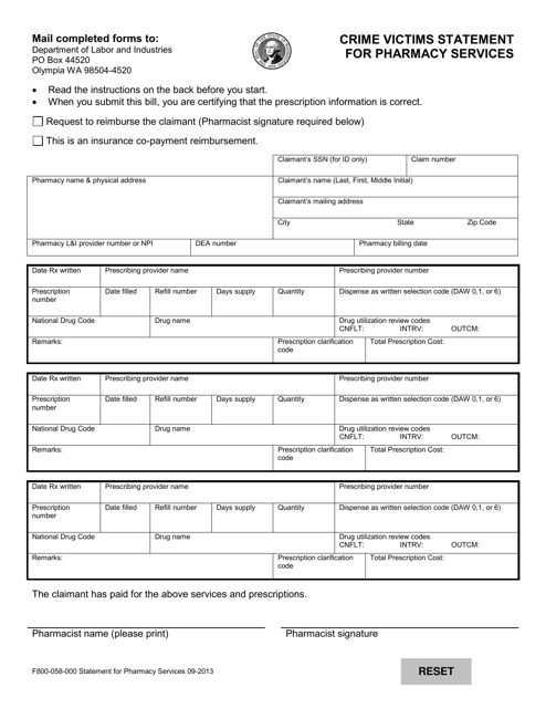 Form F800-058-000 Crime Victims Statement for Pharmacy Services - Washington