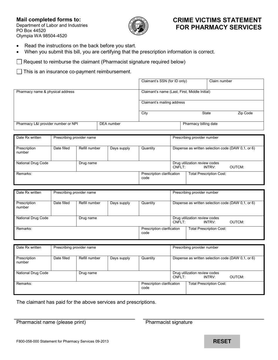 Form F800-058-000 Crime Victims Statement for Pharmacy Services - Washington, Page 1