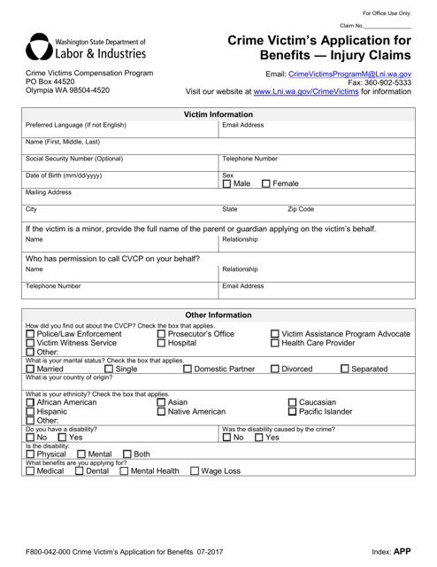 Form F800-042-000 Crime Victim's Application for Benefits - Injury Claims - Washington