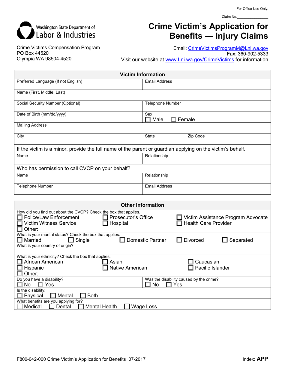Form F800-042-000 Crime Victims Application for Benefits - Injury Claims - Washington, Page 1