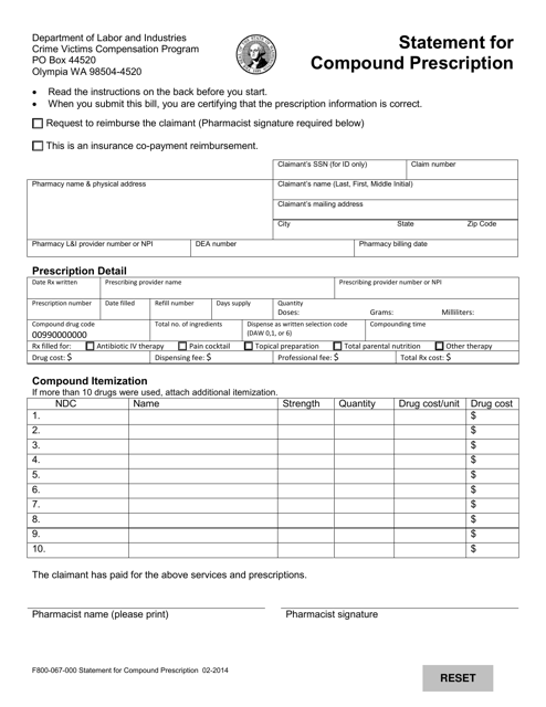 Form F800-067-000 Statement for Compound Prescription - Washington