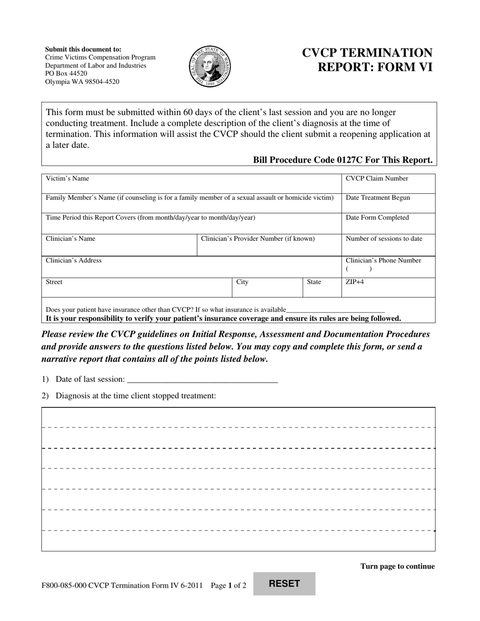 Form F800-085-000 (VI) Cvcp Termination Report - Washington, Page 1