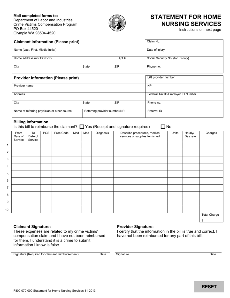 Form F800-070-000 Statement for Home Nursing Services - Washington, Page 1