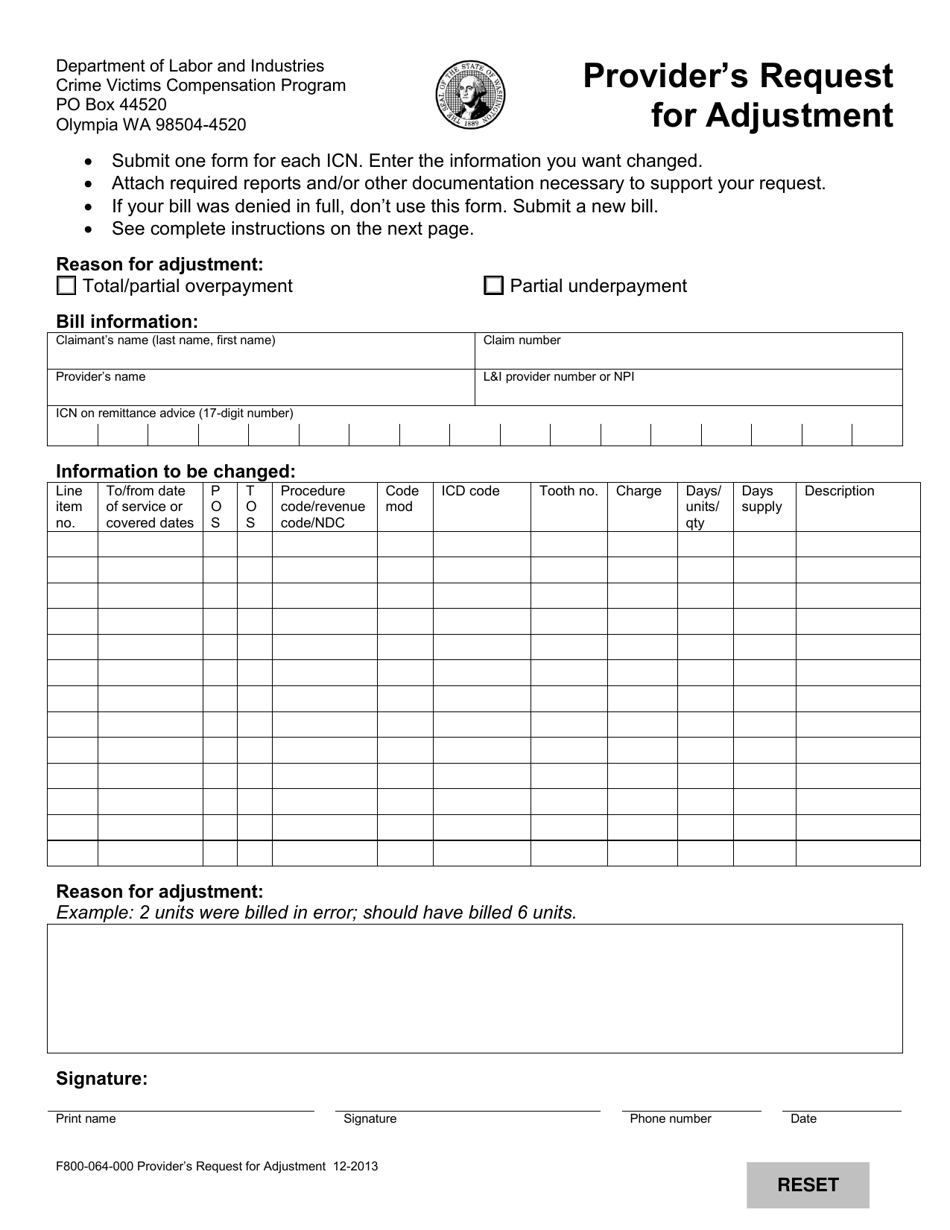 Form F800-064-000 Providers Request for Adjustment - Washington, Page 1