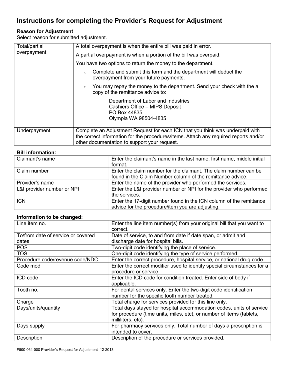 Form F800-064-000 Providers Request for Adjustment - Washington, Page 2