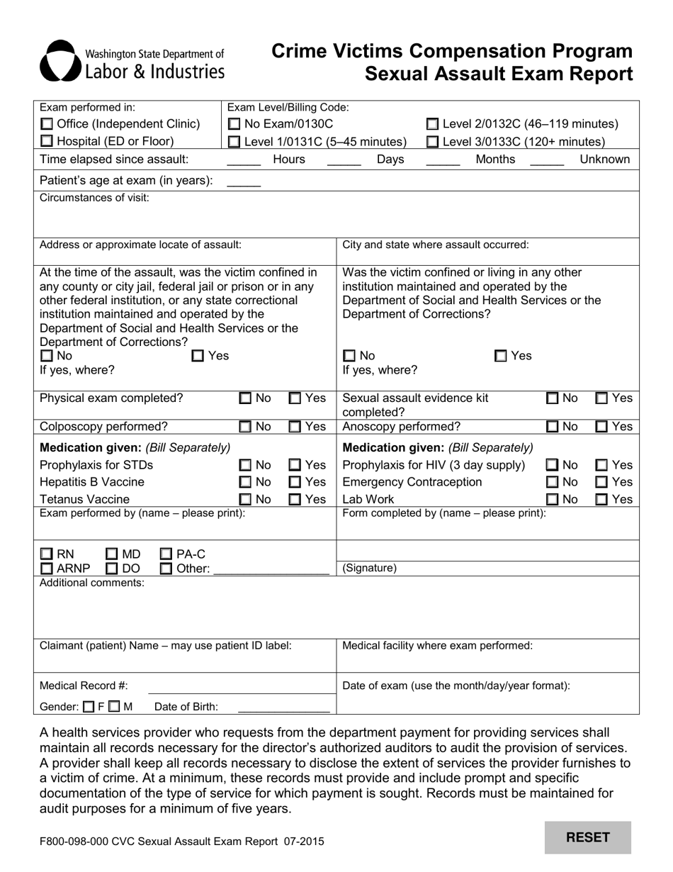 Form F800-098-000 Crime Victims Compensation Program Sexual Assault Exam Report - Washington, Page 1