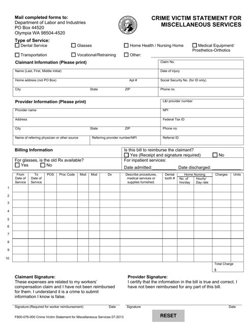 Form F800-076-000 Crime Victim Statement for Miscellaneous Services - Washington