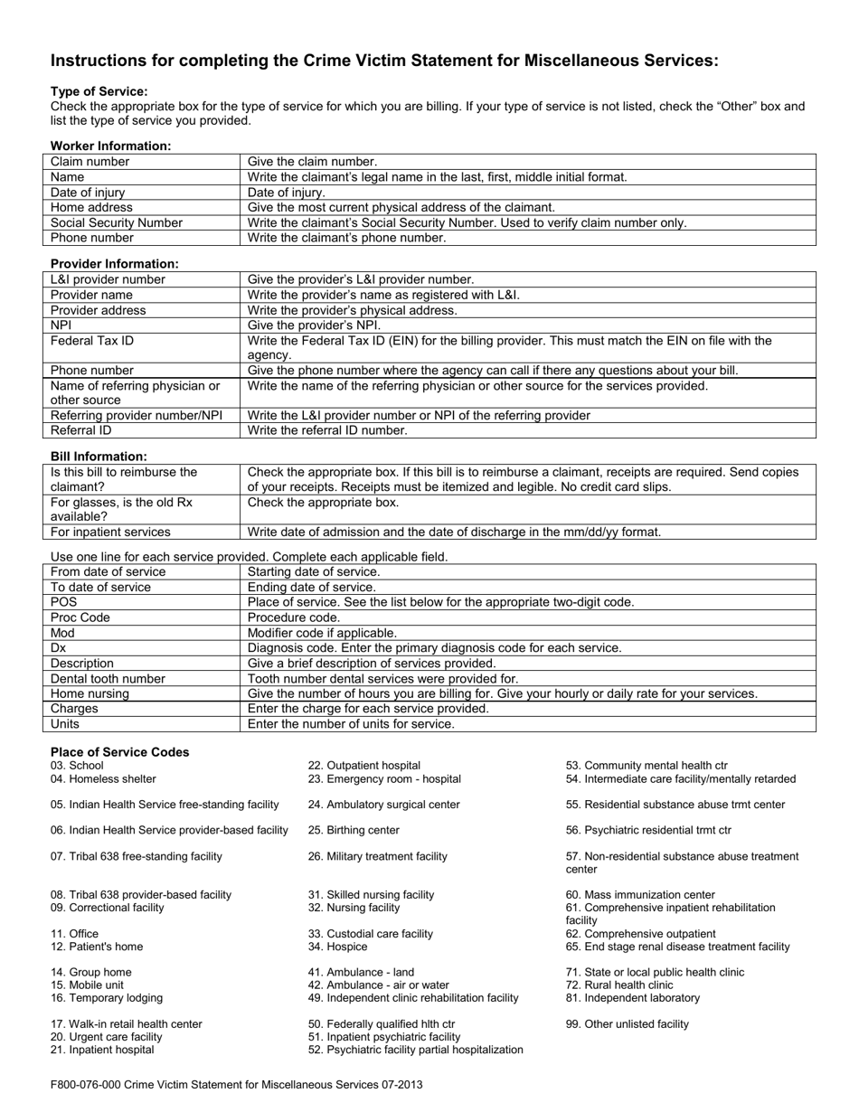 Form F800-076-000 Crime Victim Statement for Miscellaneous Services - Washington, Page 2