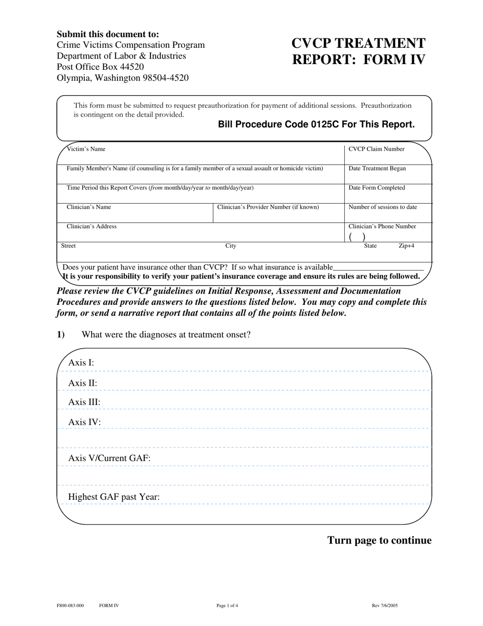Form F800-083-000 (IV) Cvcp Treatment Report - Washington, Page 1