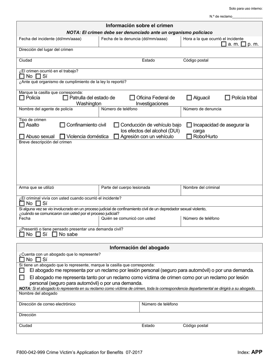 Formulario F800-042-999 Solicitud De Victimas De Crimen Para Obtener Beneficios - Reclamos Por Lesiones - Washington (Spanish), Page 2