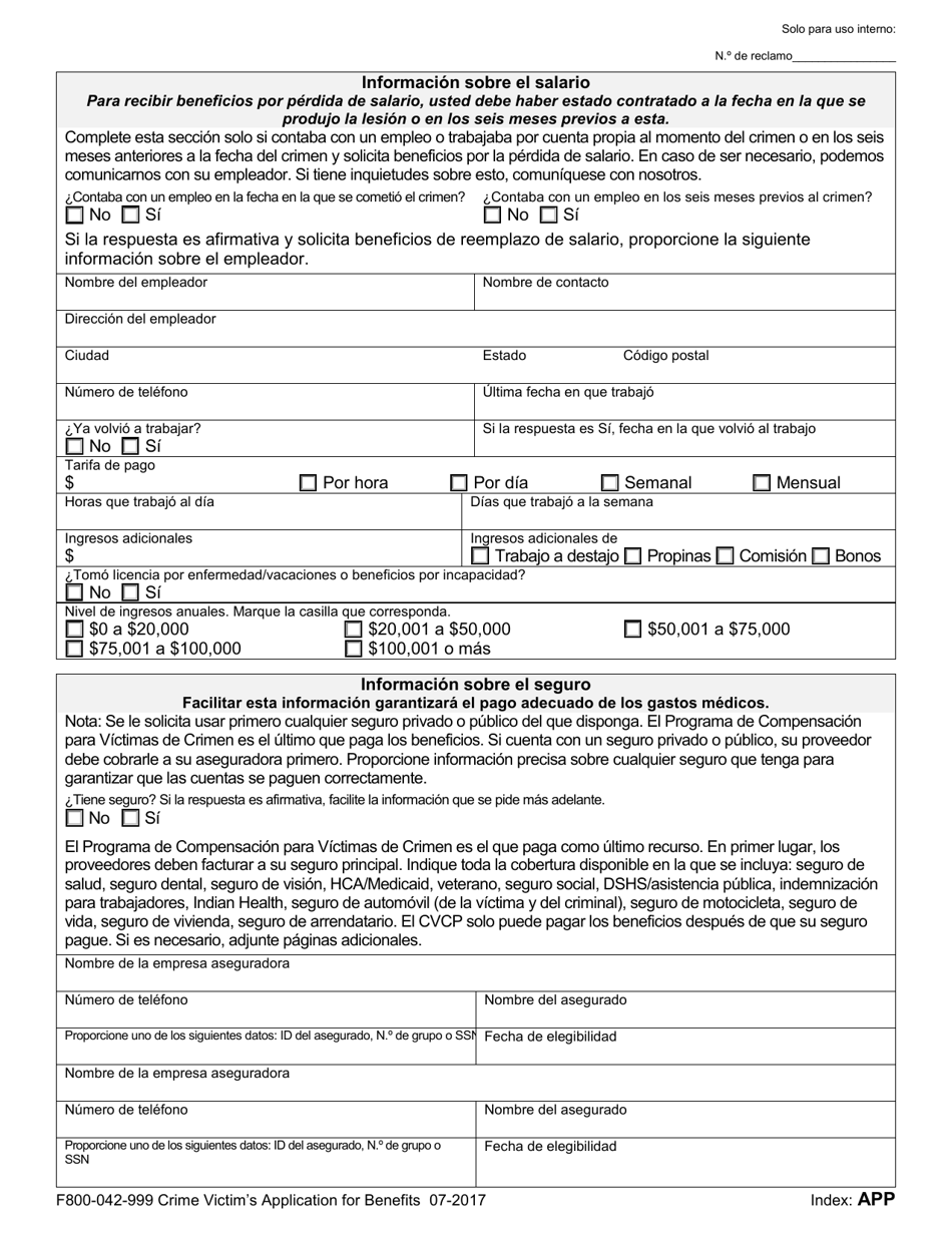 Formulario F800-042-999 Solicitud De Victimas De Crimen Para Obtener Beneficios - Reclamos Por Lesiones - Washington (Spanish), Page 3