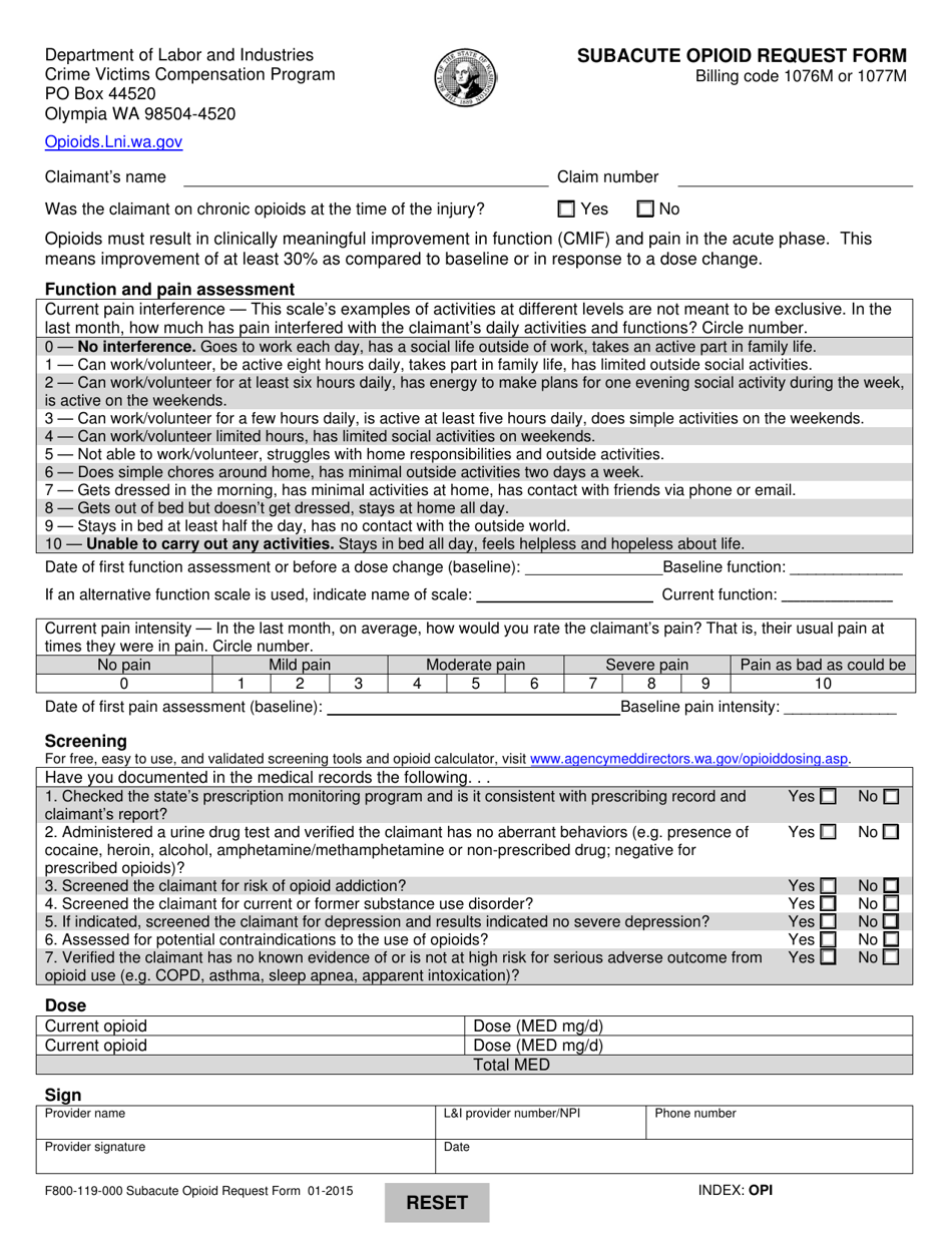 Form F800-119-000 Subacute Opioid Request Form - Washington, Page 1