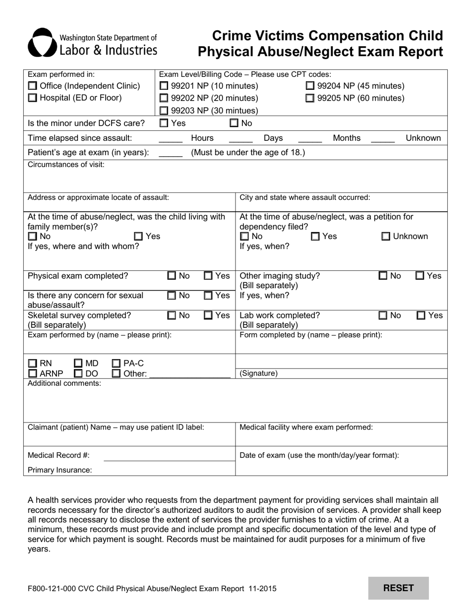 Form F800-121-000 Crime Victims Compensation Child Physical Abuse / Neglect Exam Report - Washington, Page 1