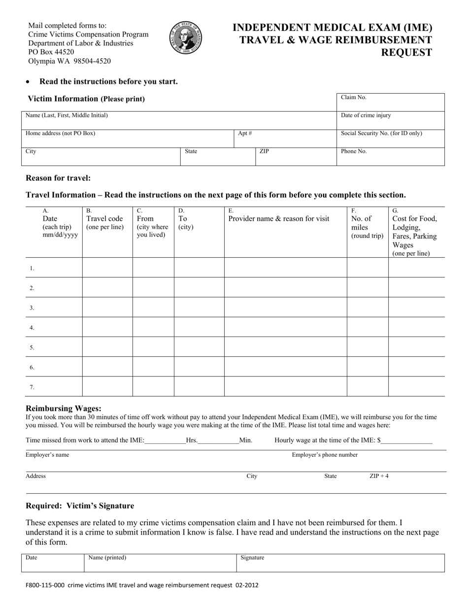 Form F800-115-000 Independent Medical Exam (Ime) - Travel  Wage Reimbursement Request - Washington, Page 3