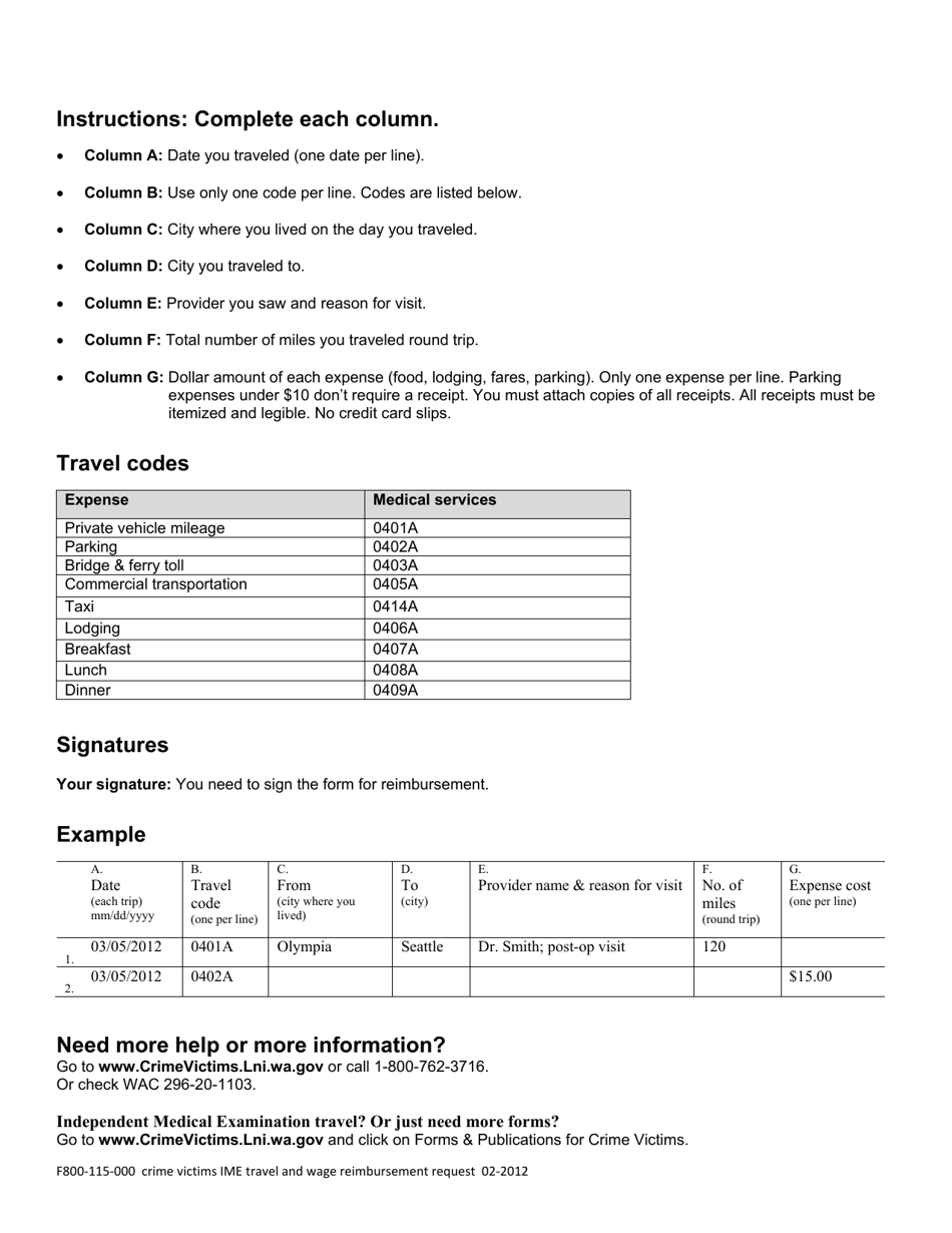 Form F800-115-000 Independent Medical Exam (Ime) - Travel  Wage Reimbursement Request - Washington, Page 4