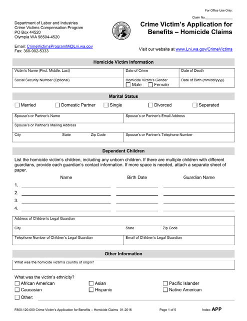 Form F800-120-000 Crime Victim's Application for Benefits - Homicide Claims - Washington