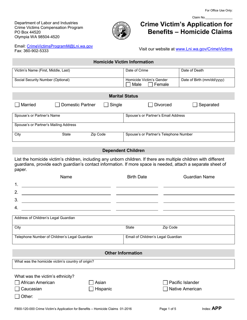 Form F800-120-000 Crime Victims Application for Benefits - Homicide Claims - Washington, Page 1