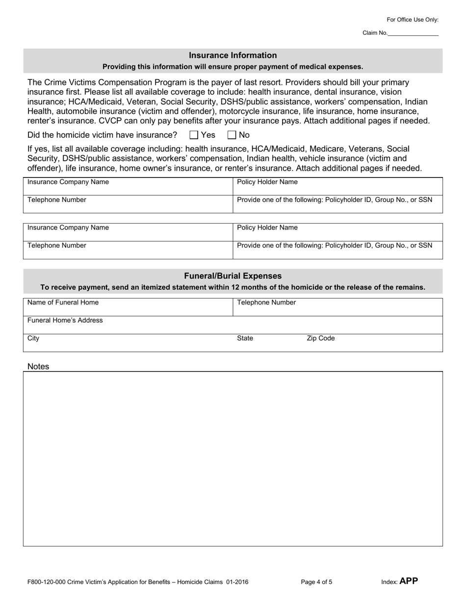 Form F800-120-000 Crime Victims Application for Benefits - Homicide Claims - Washington, Page 4