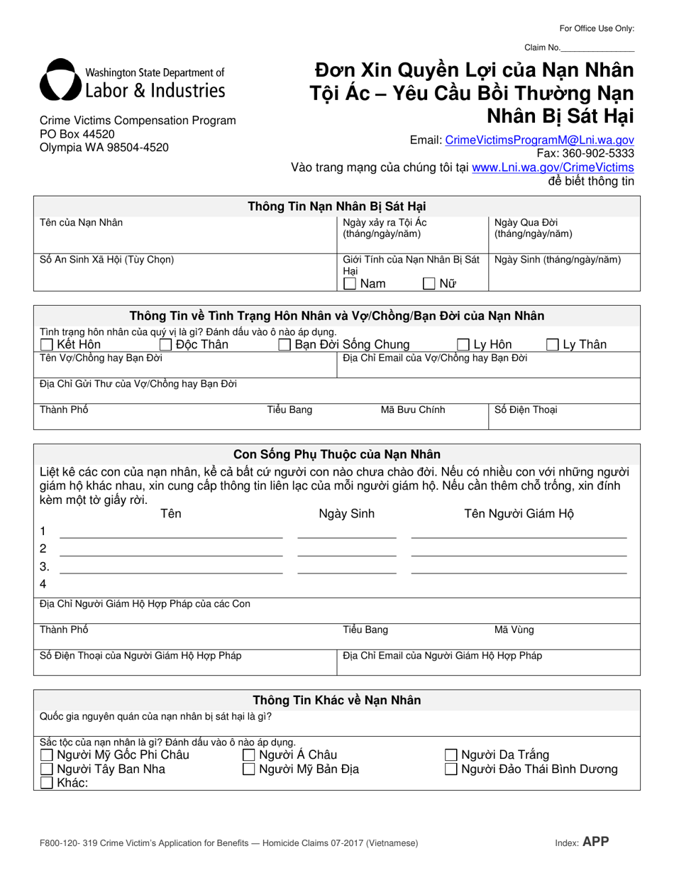 Form F800-120-319 Crime Victims Application for Benefits - Homicide Claims - Washington (Vietnamese), Page 1