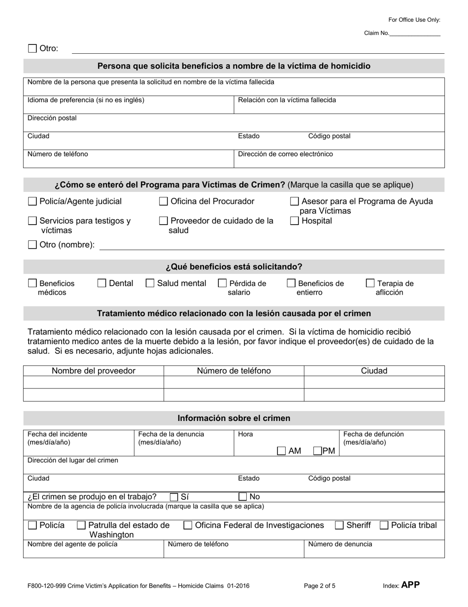 Formulario F800-120-999 Solicitud De Victimas De Crimen Para Obtener Beneficios: Reclamos Por Homicidio - Washington (Spanish), Page 2