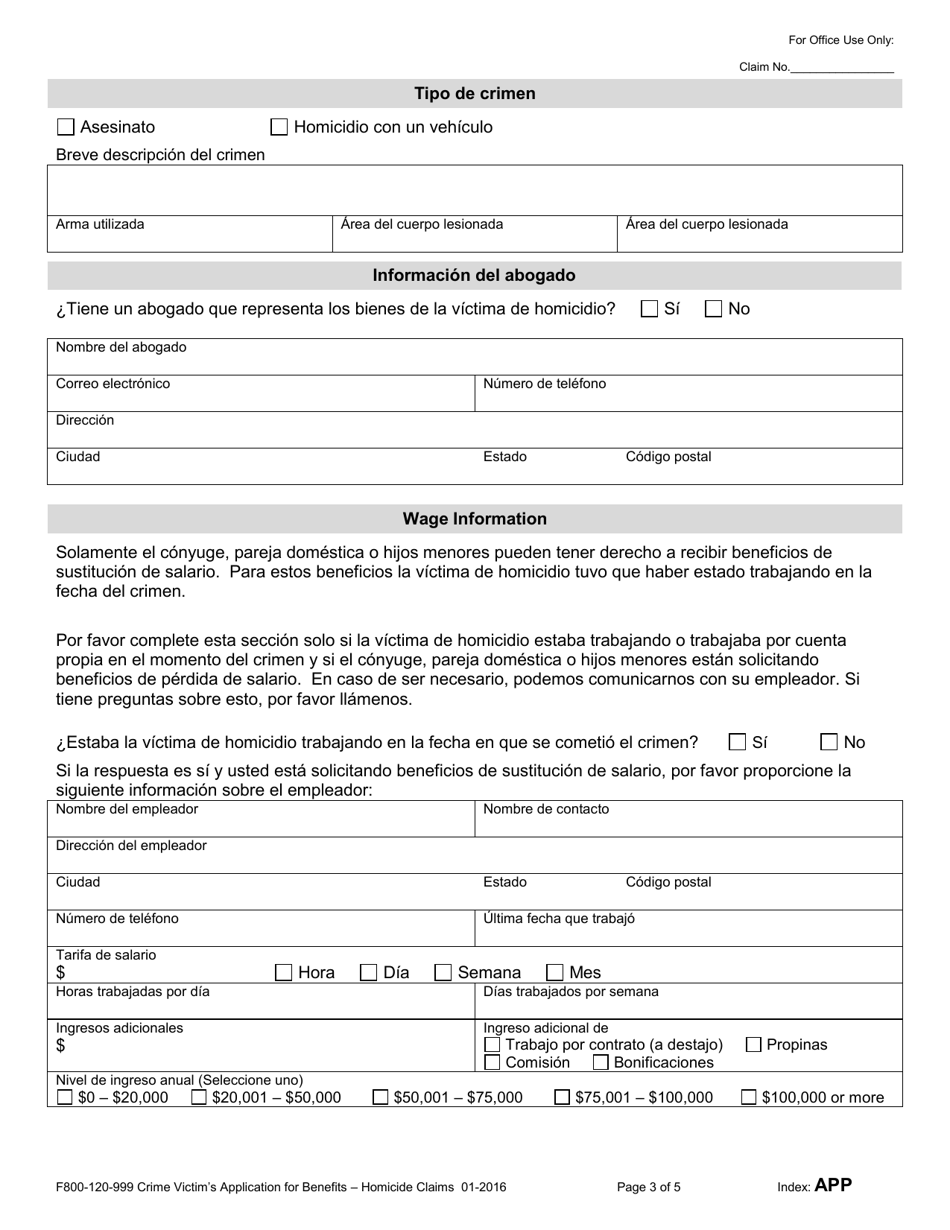 Formulario F800-120-999 Solicitud De Victimas De Crimen Para Obtener Beneficios: Reclamos Por Homicidio - Washington (Spanish), Page 3