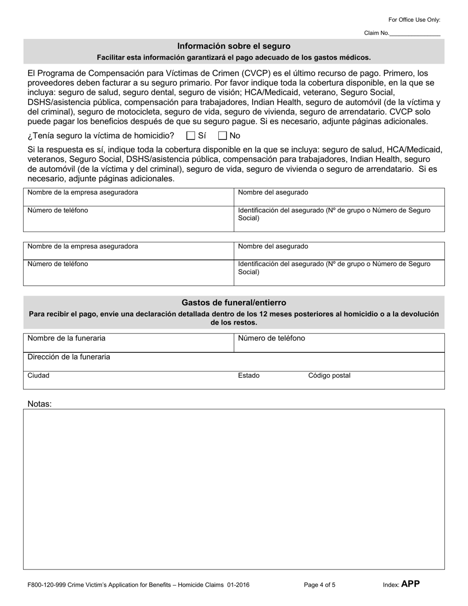 Formulario F800-120-999 Solicitud De Victimas De Crimen Para Obtener Beneficios: Reclamos Por Homicidio - Washington (Spanish), Page 4