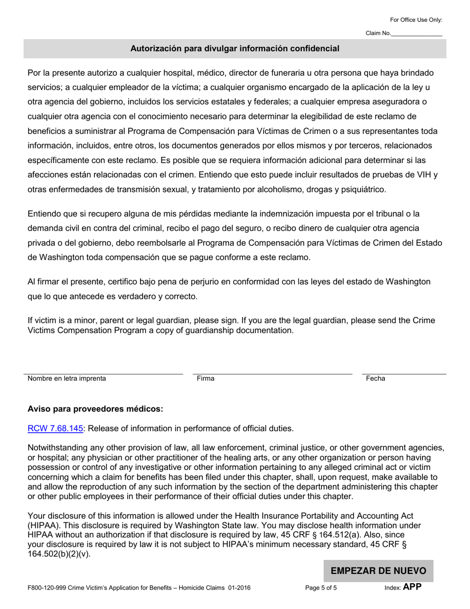 Formulario F800-120-999 Solicitud De Victimas De Crimen Para Obtener Beneficios: Reclamos Por Homicidio - Washington (Spanish), Page 5